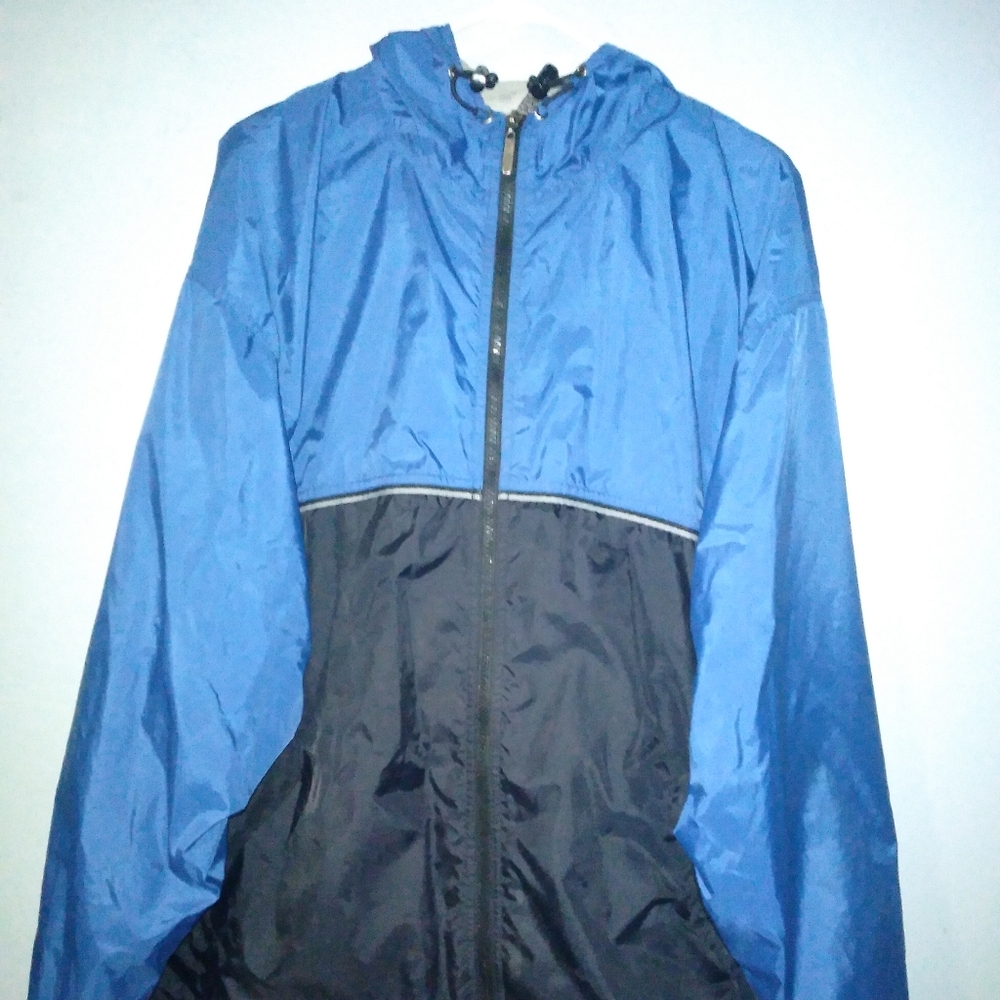 Blue and Black Windbreaker with Hood and Water-Resistant Finish